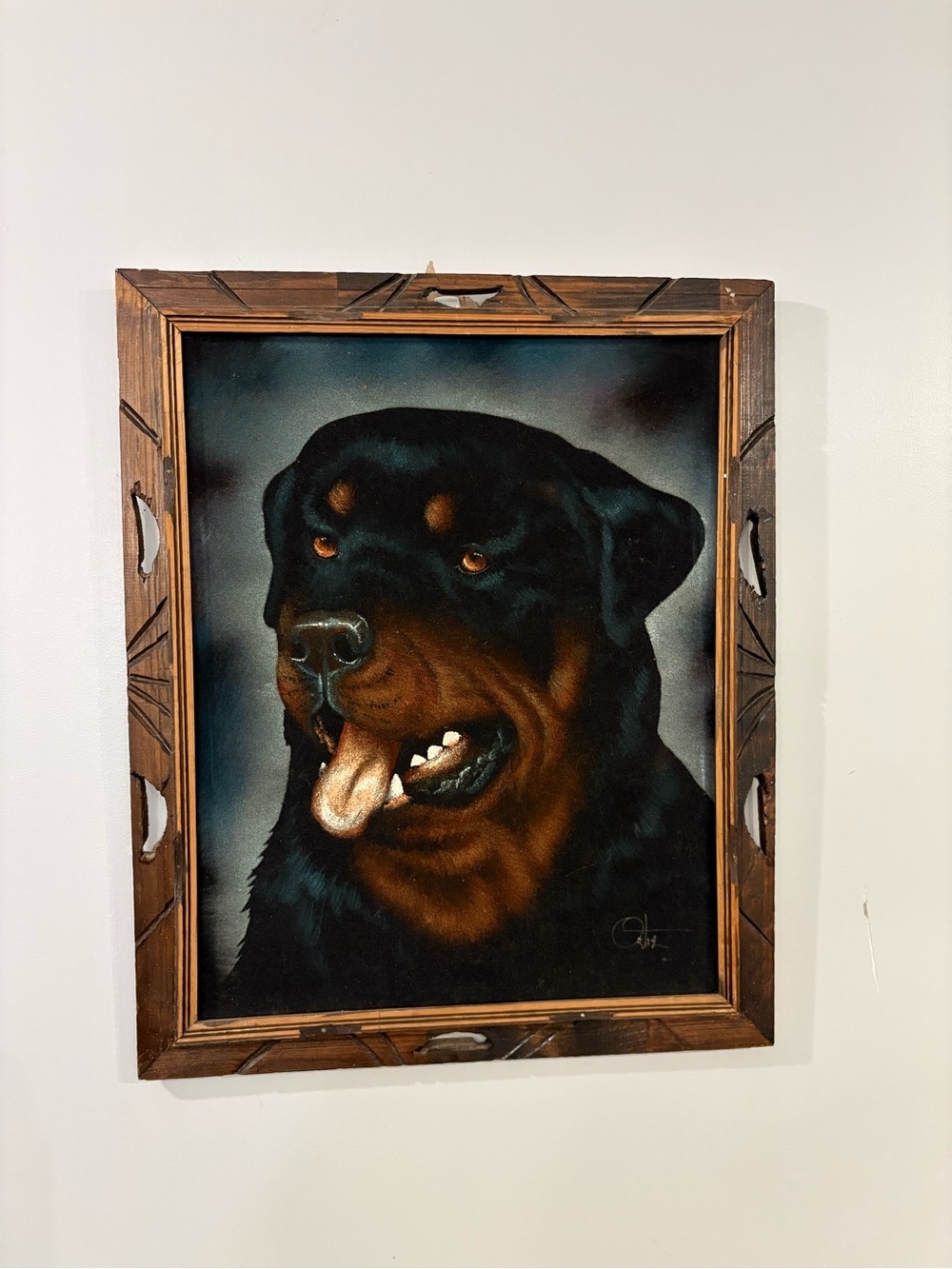 Vintage Black Velvet painting Rottweiler dog Rottweiler owner wall art painting